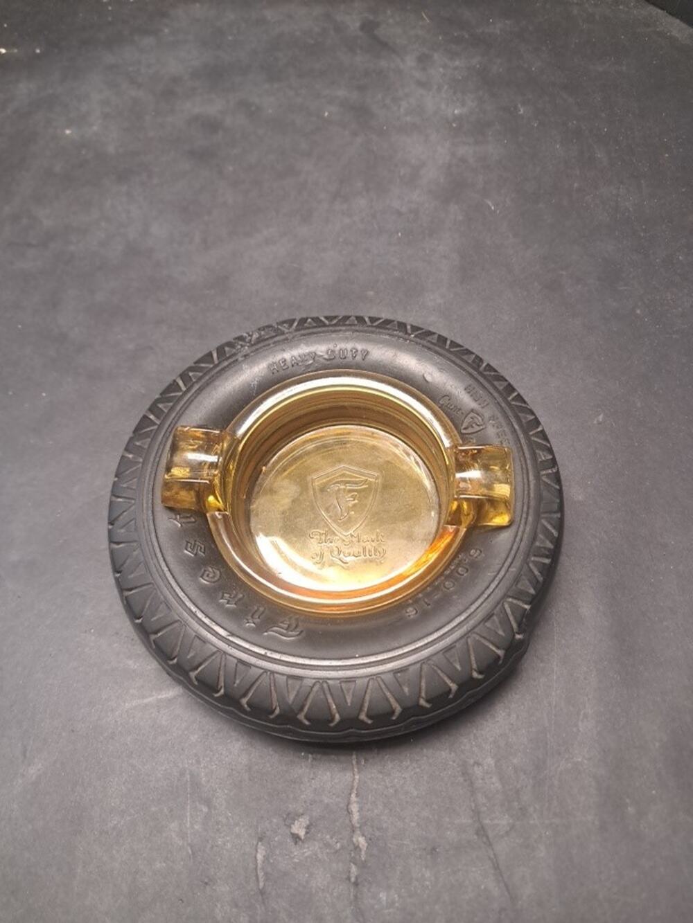 🛻🚗1930's Amber Glass "Firestone The Mark of Quality" Rubber Truck Tire Ashtray